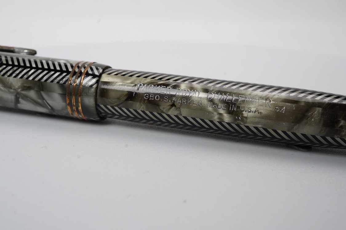 A Parker full size Royal Challenger fountain pen in grey herringbone, lovely condition, 14ct. gold nib